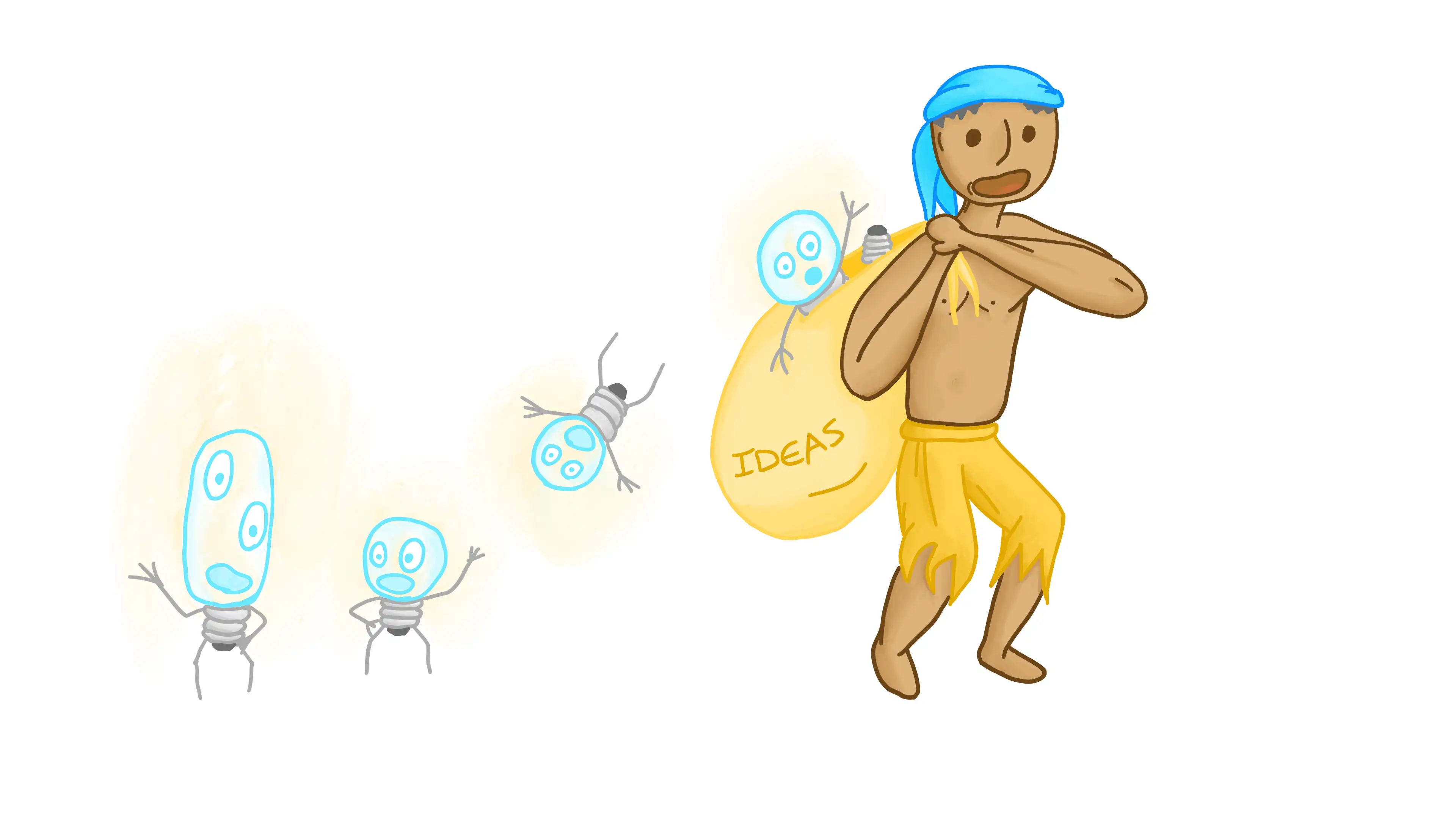 Captain Golo bringing a sack full of ideas to a man, represented as glowing lightbulbs with faces and limbs.